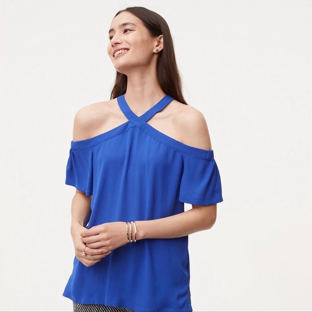 Loft Women’s Halter Neck Off Shoulder Flowy Blouse, Cobalt Blue Size Medium